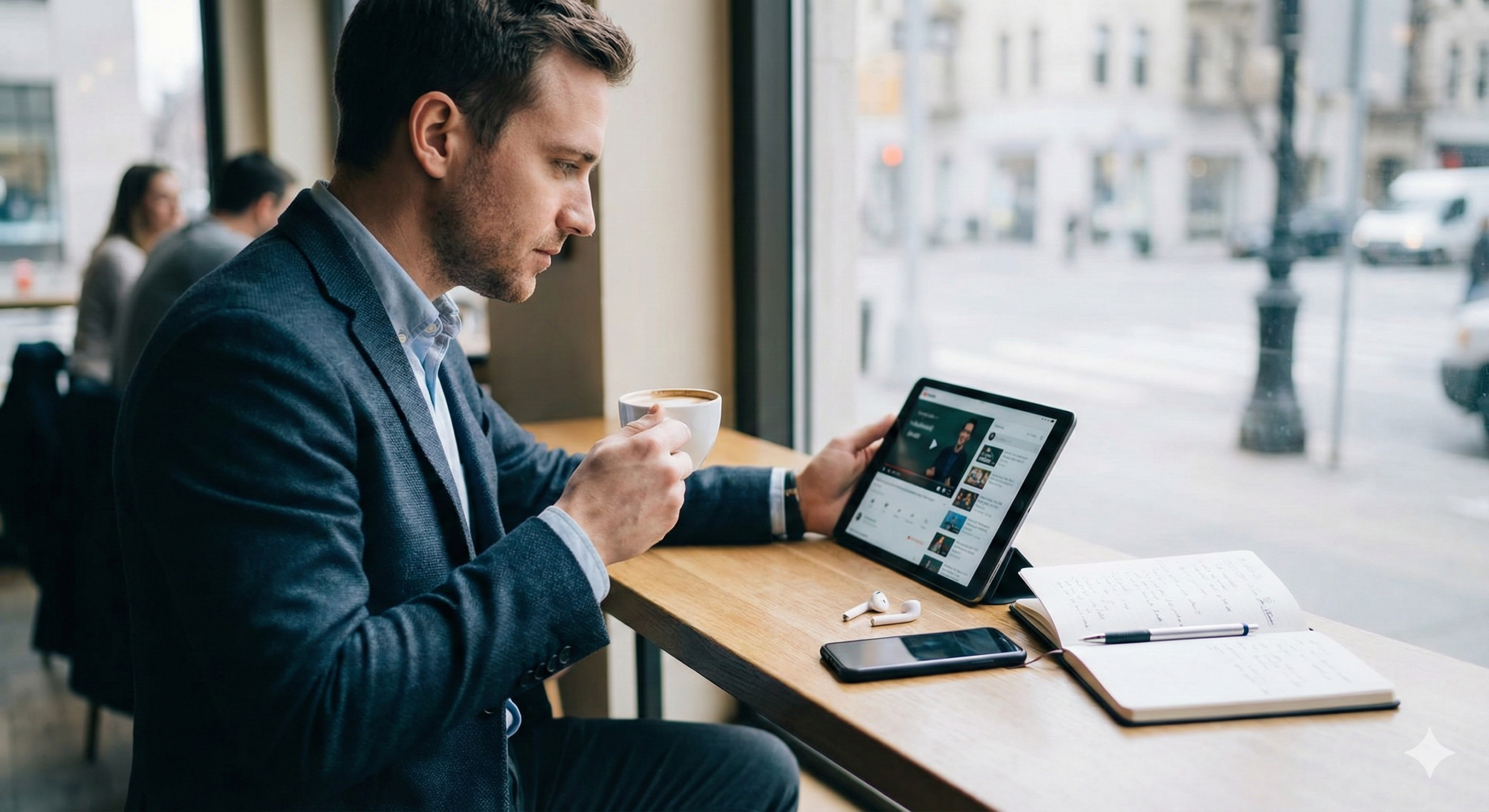 タブレットを用いてカフェで勉強をしているサラリーマン風の男性