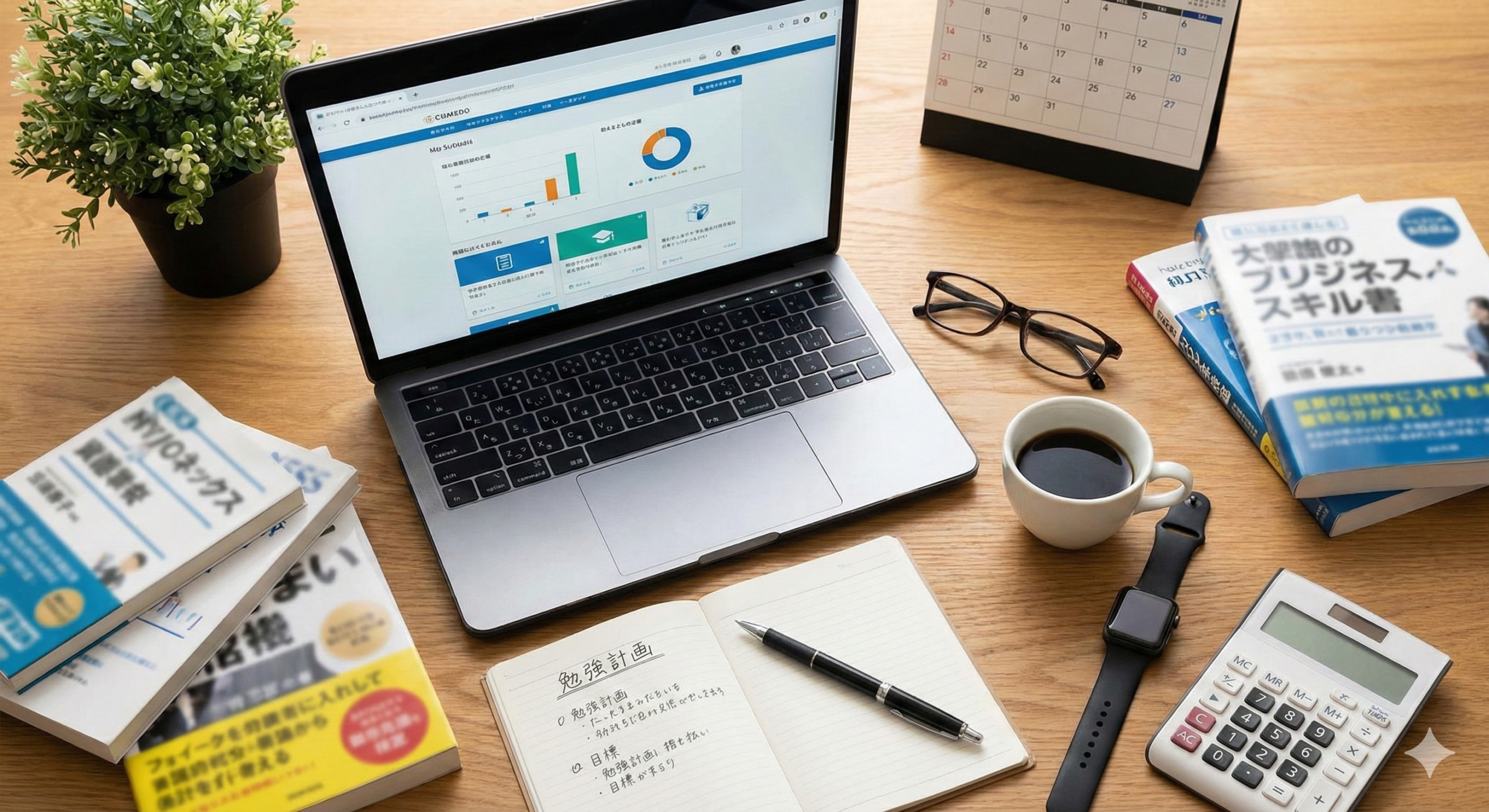 机の上にパソコンやコーヒー、資格の参考書などが並んでいる