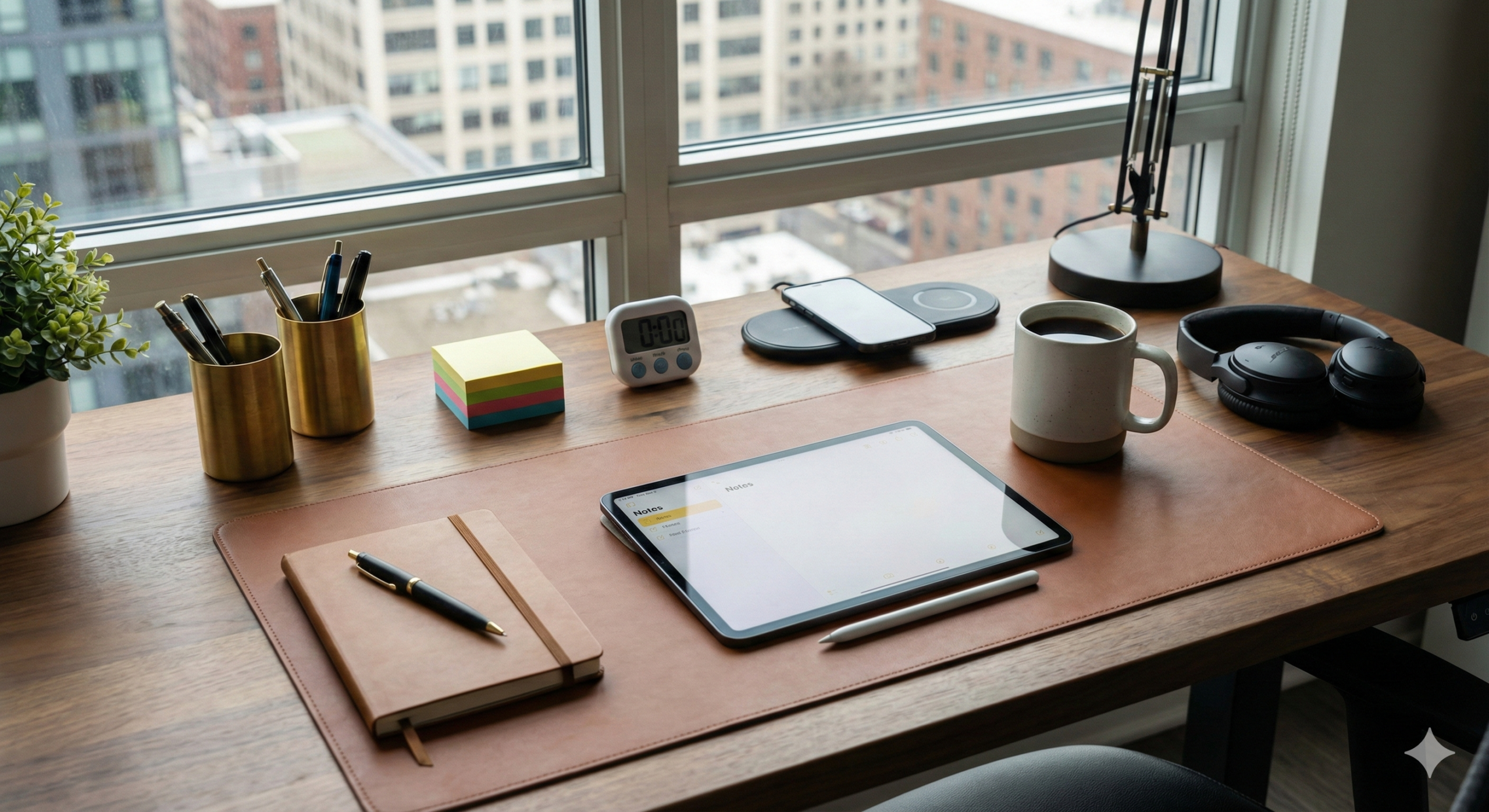 机の上に、手帳やタブレット、タイマーなどの勉強道具が並んでいる