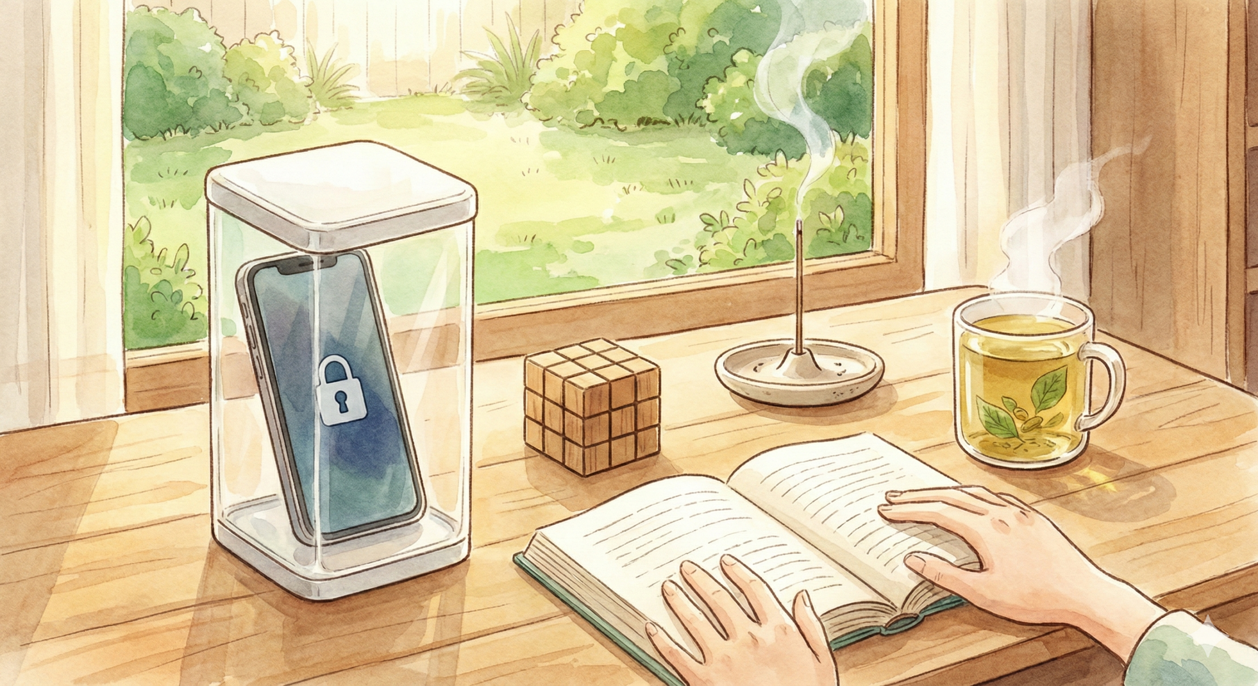 スマホを封印して、読書をしているイラスト
